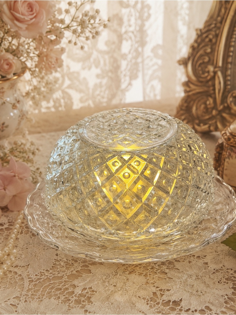 Vintage Federal Glass Columbia Atomic Pearl Fairy Lamp | Clear Pressed Glass